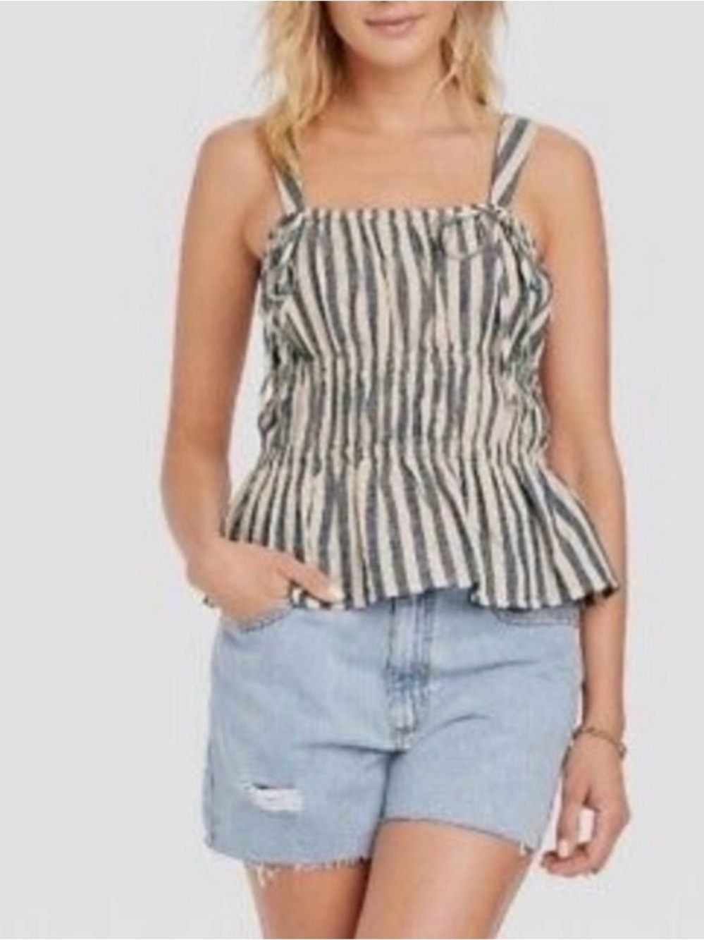 Universal Thread Peplum Tank Top Cream Blue Stripe Bows Cottagecore Women’s S